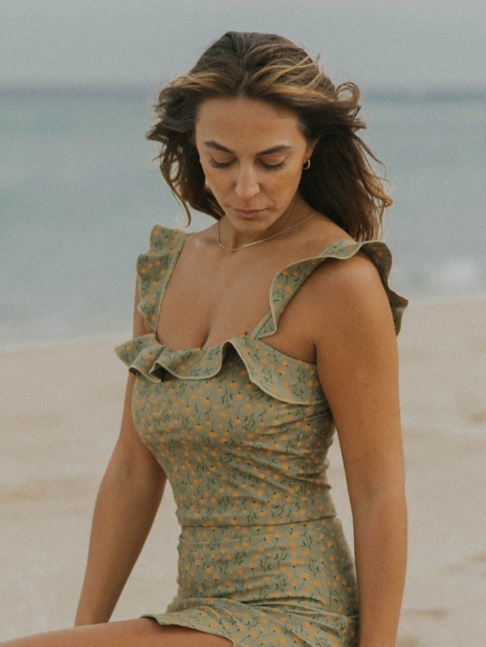 NEW GEODE Bella Top Floral Ruffle Off Shoulder Tankini Top Green Yellow Flower